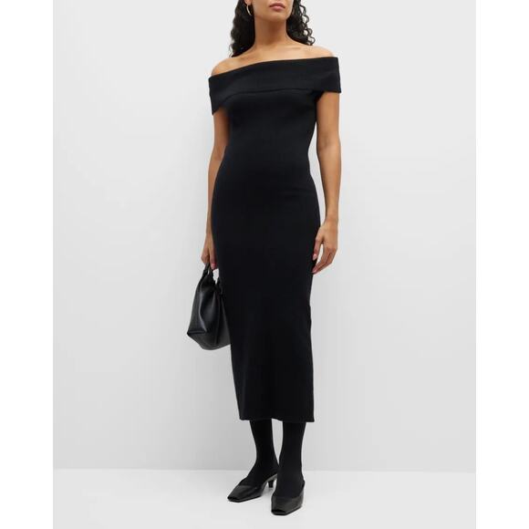 Toteme Off-The-Shoulder Rib Knit Sweater Midi Dress Black‎ NWT Size Medium - Picture 1 of 12